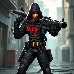 A dynamic game character wielding a rocket launcher, dressed in sleek, dark assassin attire with intricate detailing and tactical elements