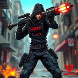 A dynamic game character wielding a rocket launcher, dressed in sleek, dark assassin attire with intricate detailing and tactical elements