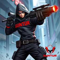 A dynamic game character wielding a rocket launcher, dressed in sleek, dark assassin attire with intricate detailing and tactical elements