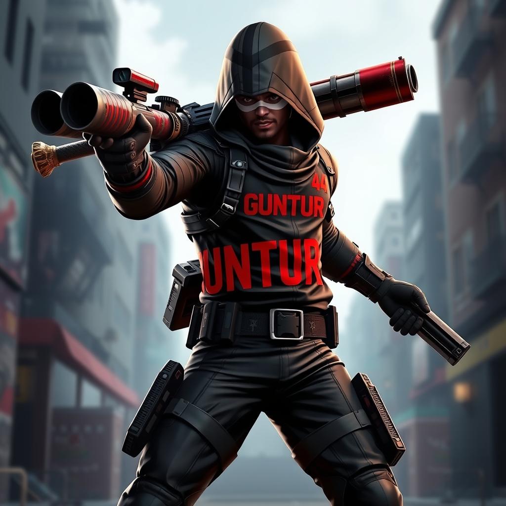 A dynamic game character wielding a rocket launcher, dressed in sleek, dark assassin attire with intricate detailing and tactical elements