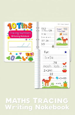 A beautifully illustrated maths tracing writing notebook designed for children, featuring colorful, engaging designs on each page