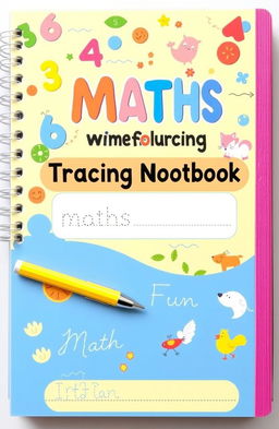 A beautifully illustrated maths tracing writing notebook designed for children, featuring colorful, engaging designs on each page
