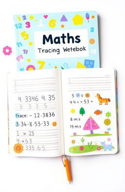 A beautifully illustrated maths tracing writing notebook designed for children, featuring colorful, engaging designs on each page