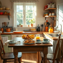 A cozy kitchen scene featuring a wooden table set for breakfast