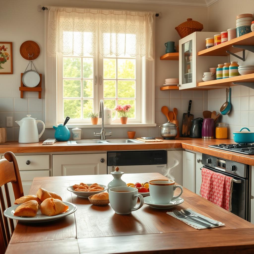 A cozy kitchen scene featuring a wooden table set for breakfast