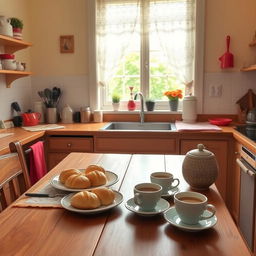 A cozy kitchen scene featuring a wooden table set for breakfast