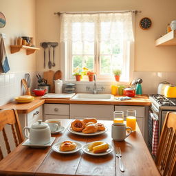 A cozy kitchen scene featuring a wooden table set for breakfast