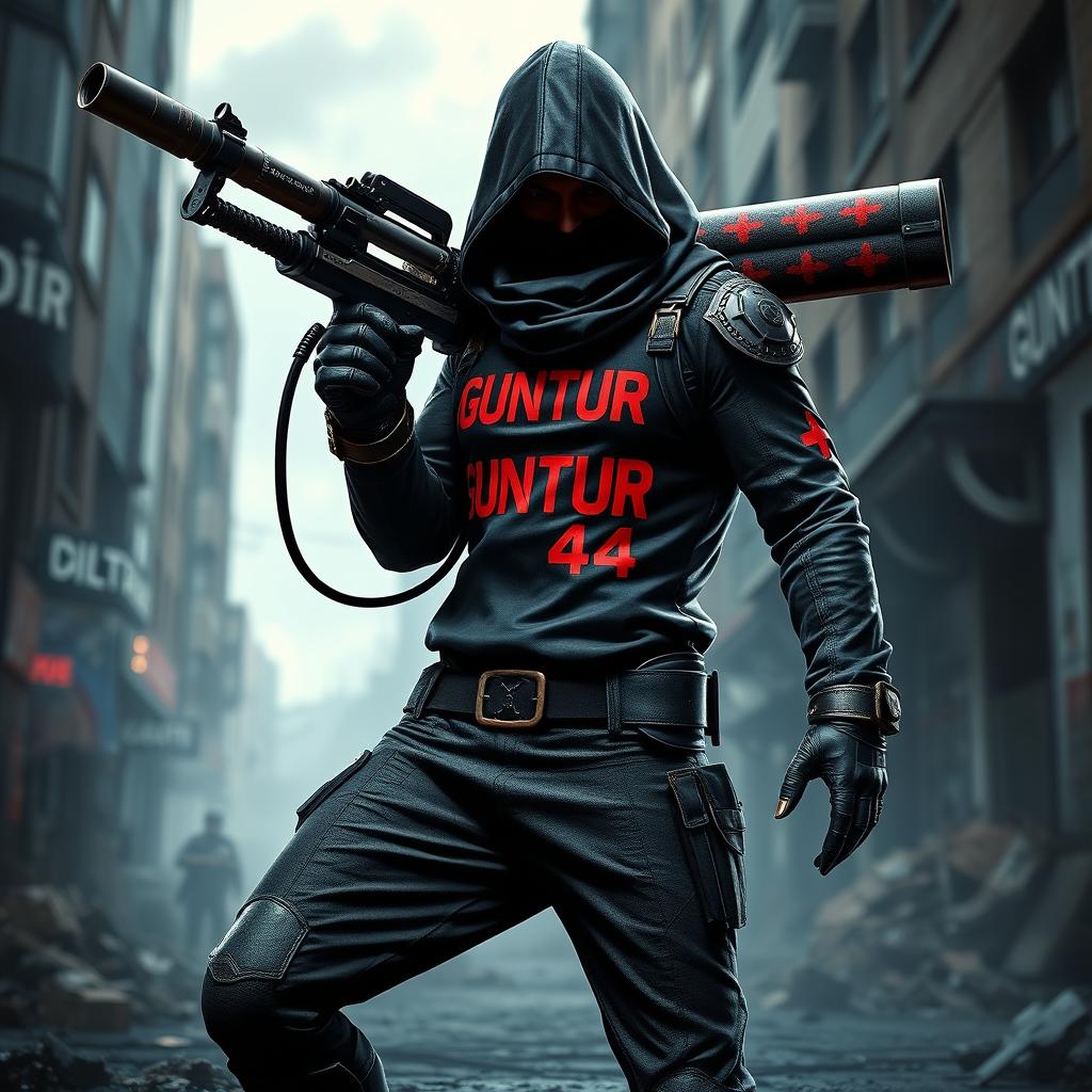 A fierce game character equipped with a rocket launcher, dressed in sleek assassin-style clothing