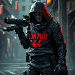 A fierce game character equipped with a rocket launcher, dressed in sleek assassin-style clothing