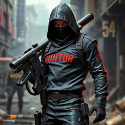 A fierce game character equipped with a rocket launcher, dressed in sleek assassin-style clothing