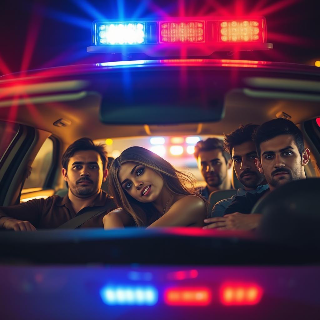 A dynamic scene featuring one girl and four guys sitting casually inside a car at night