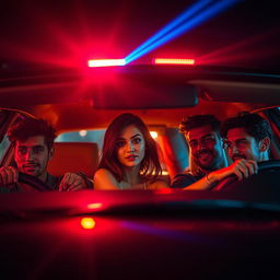 A dynamic scene featuring one girl and four guys sitting casually inside a car at night