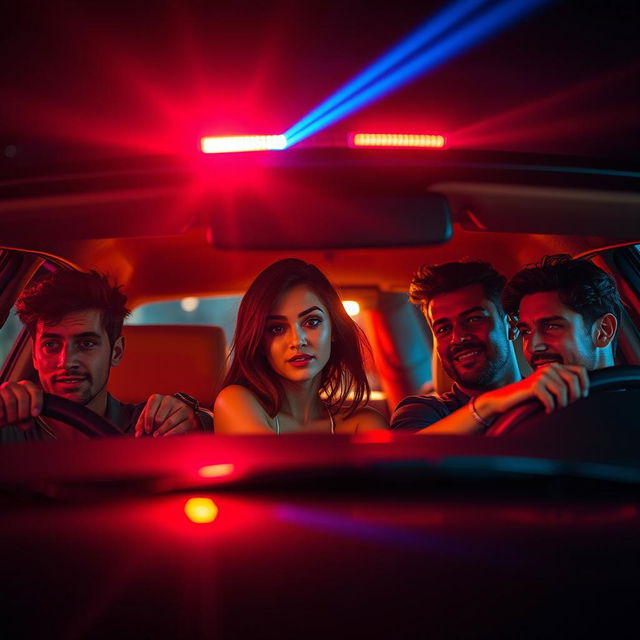 A dynamic scene featuring one girl and four guys sitting casually inside a car at night