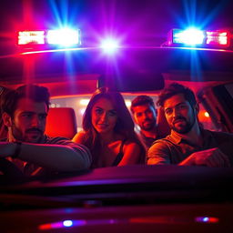 A dynamic scene featuring one girl and four guys sitting casually inside a car at night