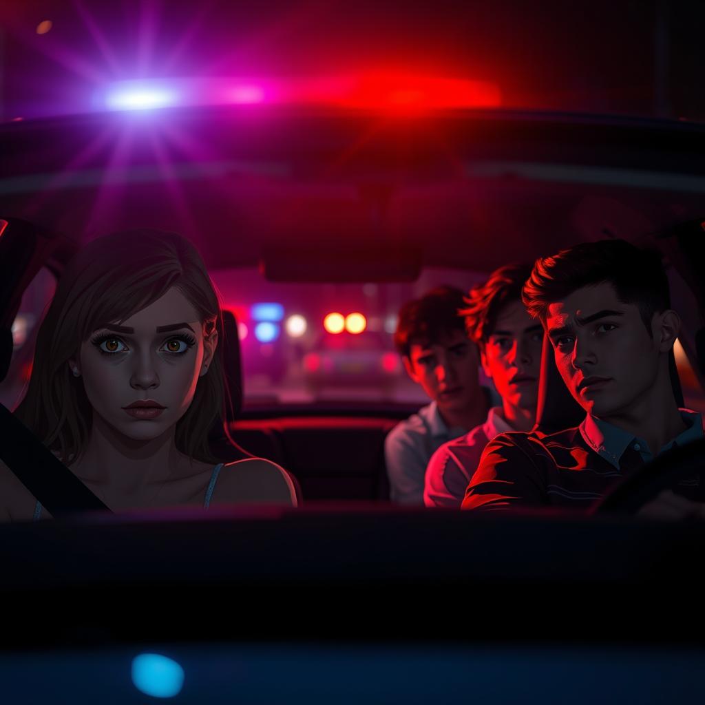 A tense scene featuring one girl and four guys sitting inside a parked car at night, visibly nervous