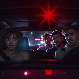 A tense scene featuring one girl and four guys sitting inside a parked car at night, visibly nervous