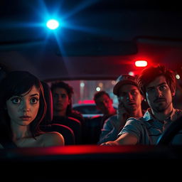 A tense scene featuring one girl and four guys sitting inside a parked car at night, visibly nervous