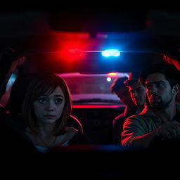 A tense scene featuring one girl and four guys sitting inside a parked car at night, visibly nervous