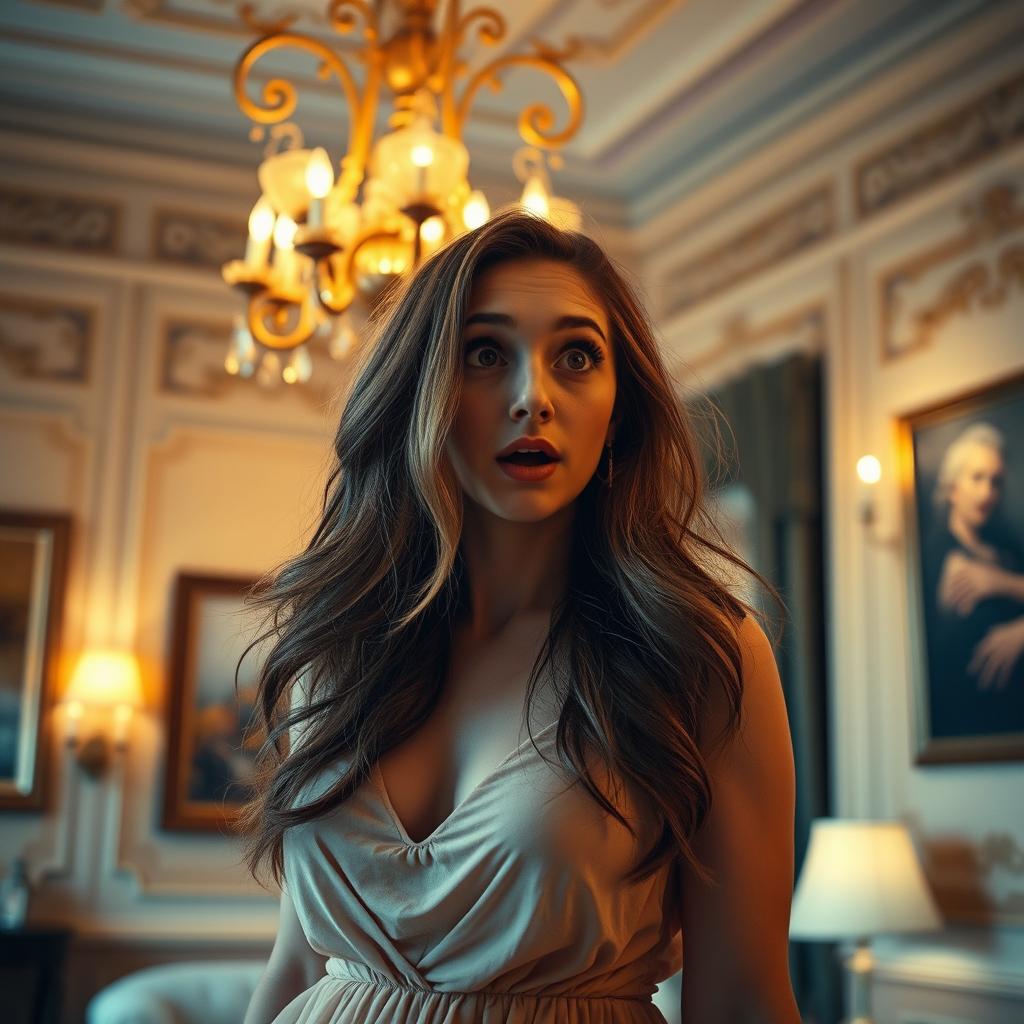 A woman standing in a room, looking surprised