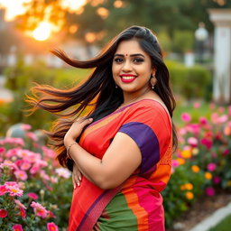 A curvy Indian woman posing gracefully in a beautiful outdoor setting, surrounded by vibrant flowers and greenery