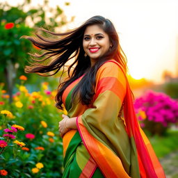 A curvy Indian woman posing gracefully in a beautiful outdoor setting, surrounded by vibrant flowers and greenery