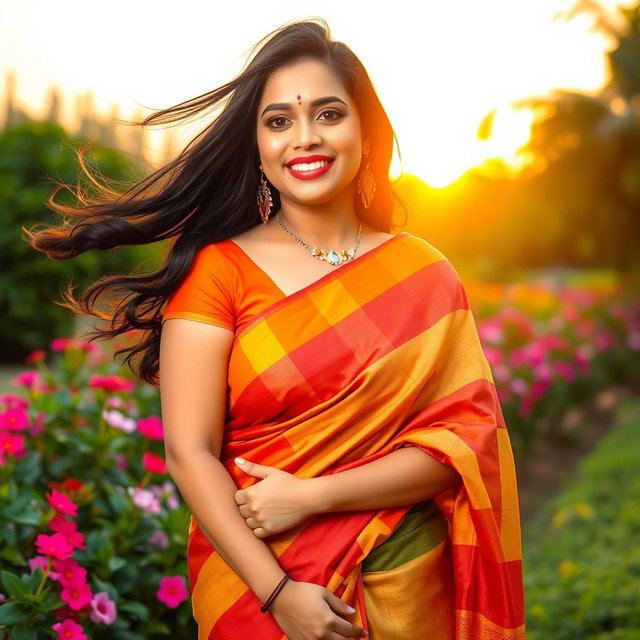 A curvy Indian woman posing gracefully in a beautiful outdoor setting, surrounded by vibrant flowers and greenery