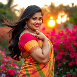A curvy Indian woman posing gracefully in a beautiful outdoor setting, surrounded by vibrant flowers and greenery