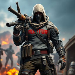 A game character holding a bazooka, dressed in a combination of military and assassin clothing
