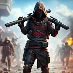 A game character holding a bazooka, dressed in a combination of military and assassin clothing