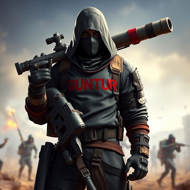A game character holding a bazooka, dressed in a combination of military and assassin clothing