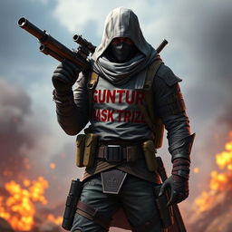 A game character holding a bazooka, dressed in a combination of military and assassin clothing
