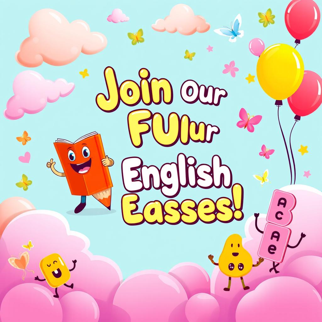 A whimsical and playful English classes banner designed for primary students, featuring bright colors and cheerful cartoon characters such as a friendly talking book, a cute pencil with a smiling face, and playful alphabet letters dancing around