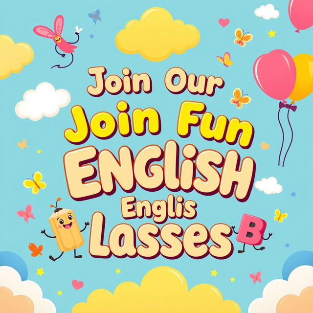 A whimsical and playful English classes banner designed for primary students, featuring bright colors and cheerful cartoon characters such as a friendly talking book, a cute pencil with a smiling face, and playful alphabet letters dancing around