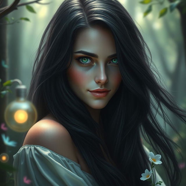 A mysterious woman with long, flowing black hair and striking emerald green eyes, exuding an aura of enchantment and allure