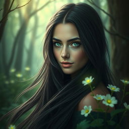 A mysterious woman with long, flowing black hair and striking emerald green eyes, exuding an aura of enchantment and allure