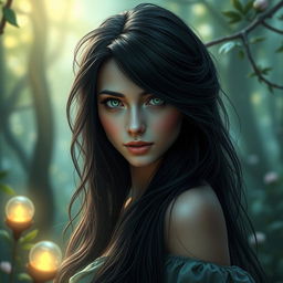 A mysterious woman with long, flowing black hair and striking emerald green eyes, exuding an aura of enchantment and allure