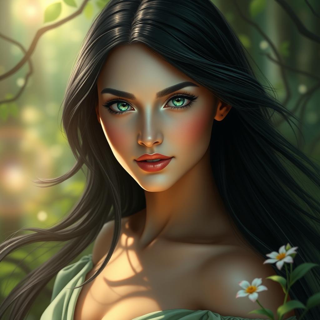 A mysterious woman with long, flowing black hair and striking emerald green eyes, exuding an aura of enchantment and allure