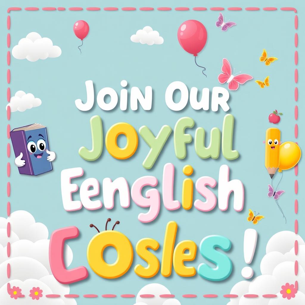A whimsical and playful English classes banner designed for primary students, bursting with joy and color