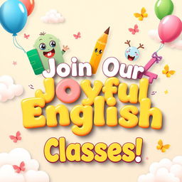 A whimsical and playful English classes banner designed for primary students, bursting with joy and color
