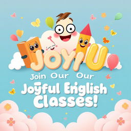 A whimsical and playful English classes banner designed for primary students, bursting with joy and color