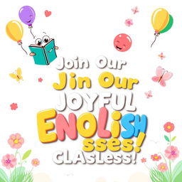 A whimsical and playful English classes banner designed for primary students, bursting with joy and color