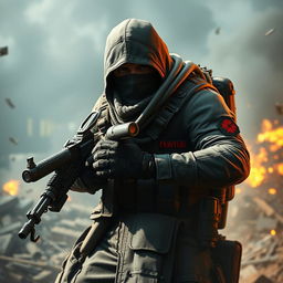 A fierce game character wielding a machine gun, dressed in intricate military attire complete with tactical gear