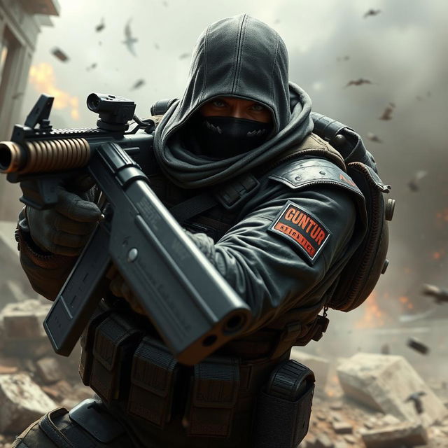 A fierce game character wielding a machine gun, dressed in intricate military attire complete with tactical gear
