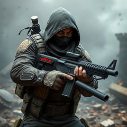 A fierce game character wielding a machine gun, dressed in intricate military attire complete with tactical gear