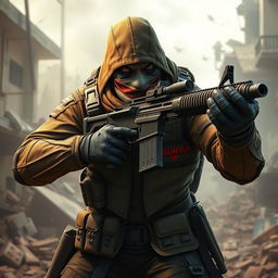 A fierce game character wielding a machine gun, dressed in intricate military attire complete with tactical gear
