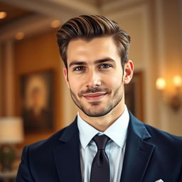 A close-up portrait of a handsome man wearing a tailored suit, showcasing a confident expression