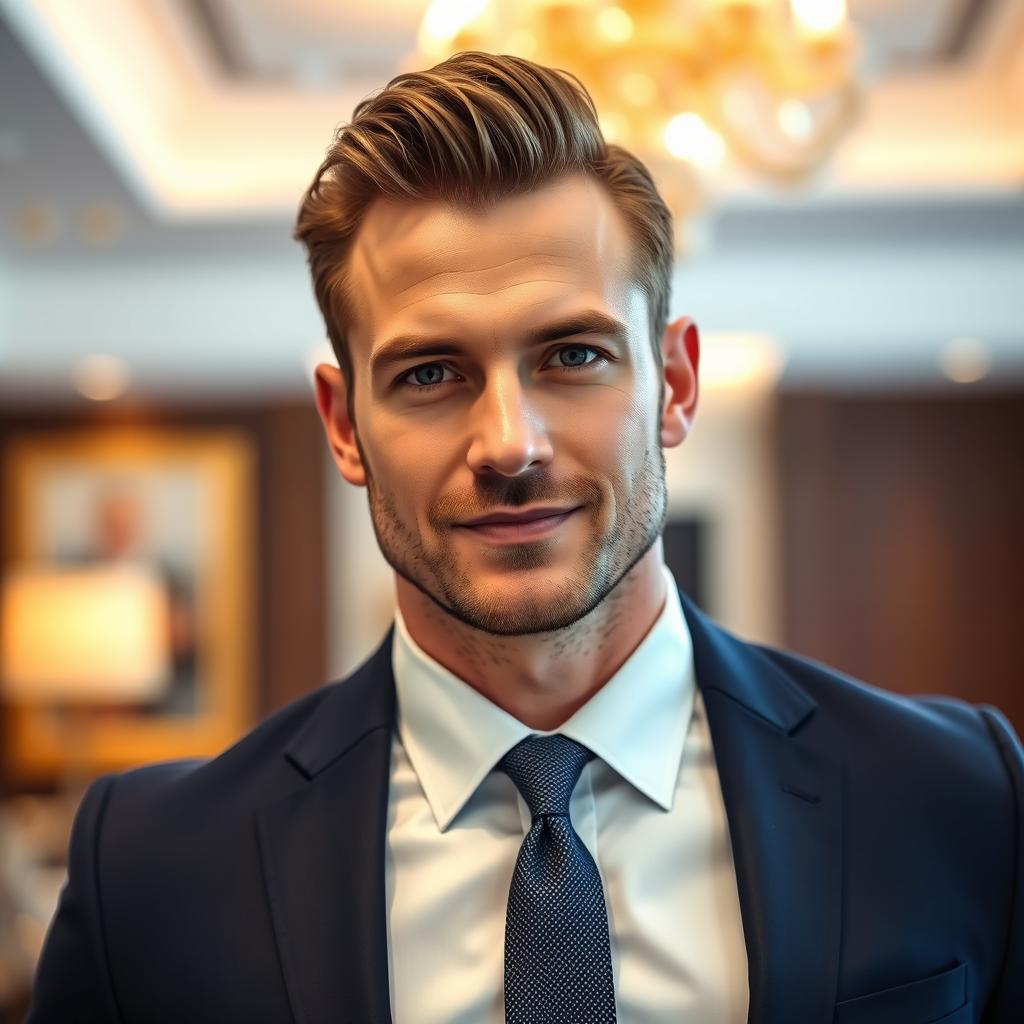 A close-up portrait of a handsome man wearing a tailored suit, showcasing a confident expression