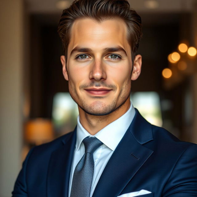 A close-up portrait of a handsome man wearing a tailored suit, showcasing a confident expression