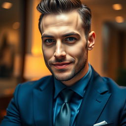 A close-up portrait of a handsome man wearing a tailored suit, showcasing a confident expression