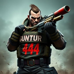 A fierce game character, styled after Call of Duty, equipped with a powerful rocket launcher